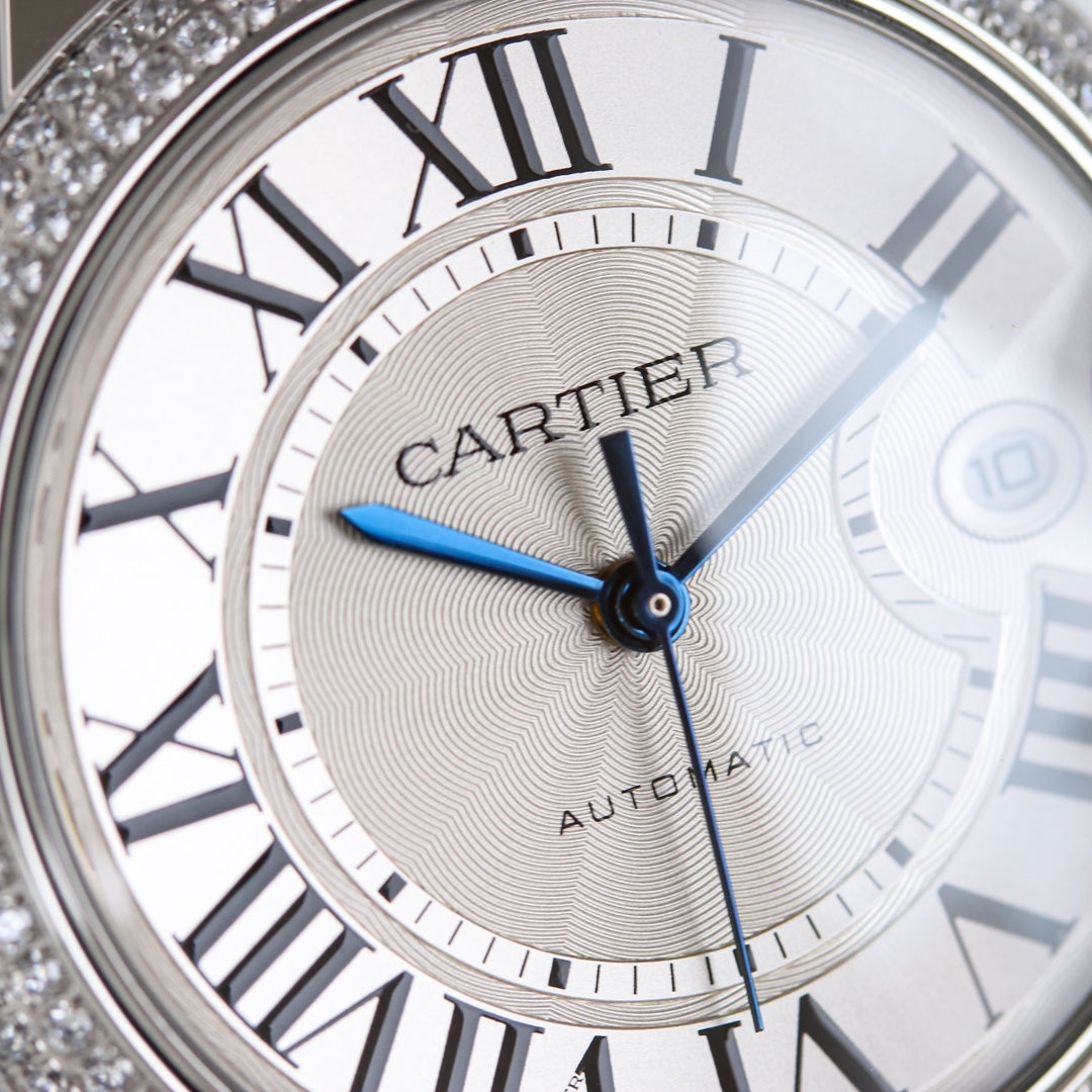 Luxury Diamond Bezel- White Silver- Black Leather - Automatic - 36/42mm
