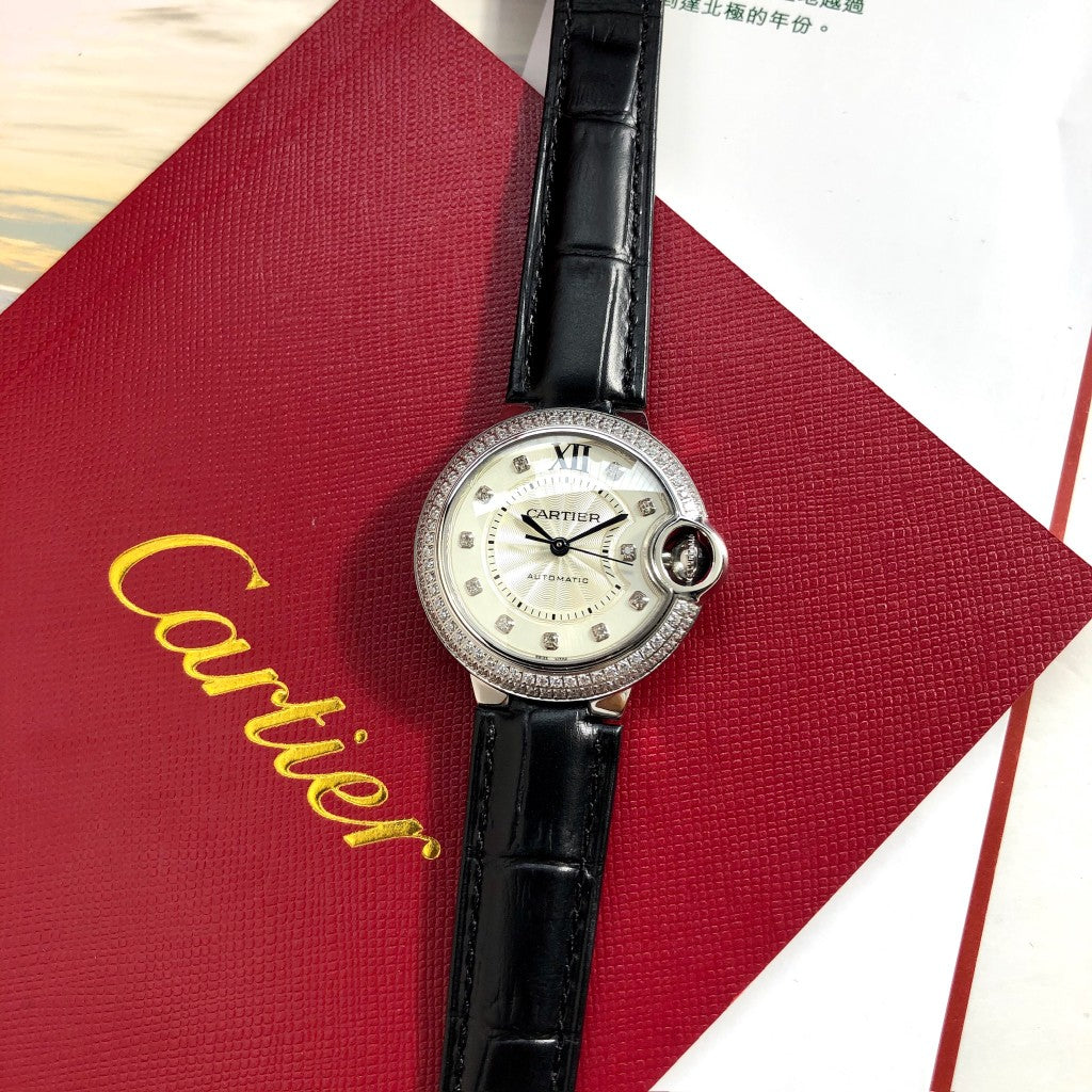 LADY -White Rhinestone Bezel- Black Leather - Quartz - 33mm